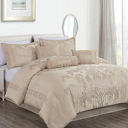 Chezmoi Collection Royale 7-Piece Jacquard Floral Comforter Set, California King, Champagne