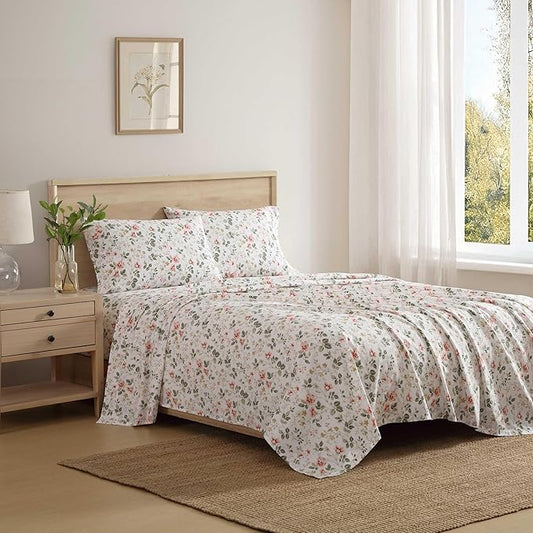 Laura Ashley - Twin Sheet Set, Crisp & Cool Cotton Percale Bedding with Deep Pockets, Lightweight for Year Round Comfort, Bed Sheets with Matching Pillowcases (Meadow Floral Beige)