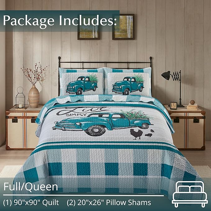 Virah Bella 3 Piece Full/Queen Cabin Quilt Bedding Set - Flower Truck - Rustic Country Reversible Patchwork Comforter Set with Decorative Pillow Shams