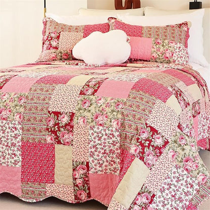 Cmfshape Summer Floral California King Bedspread,Romantic Pink Quilt Set King,Reversible Stitched Bedding Set All Season,Soft Lightweight Coverlet with Pillow Cases (Hot Pink&Rose, King106 x96)