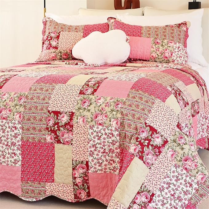 Cmfshape Summer Floral Oversize King Bedspread,Romantic Pink Quilt Set King,Reversible Stitched Bedding Set All Season,Soft Lightweight Coverlet with Pillow Cases (Hot Pink&Rose, Super King114 x102)