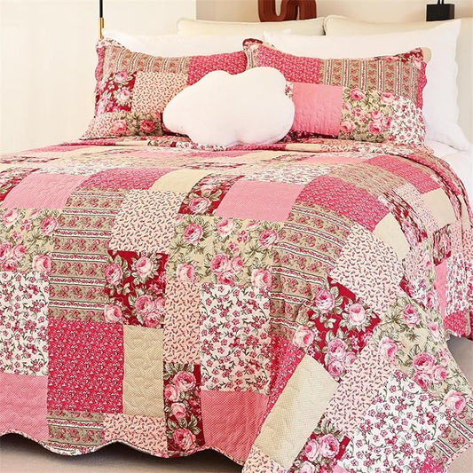 Cmfshape Summer Floral Oversize King Bedspread,Romantic Pink Quilt Set King,Reversible Stitched Bedding Set All Season,Soft Lightweight Coverlet with Pillow Cases (Hot Pink&Rose, Super King114 x102)