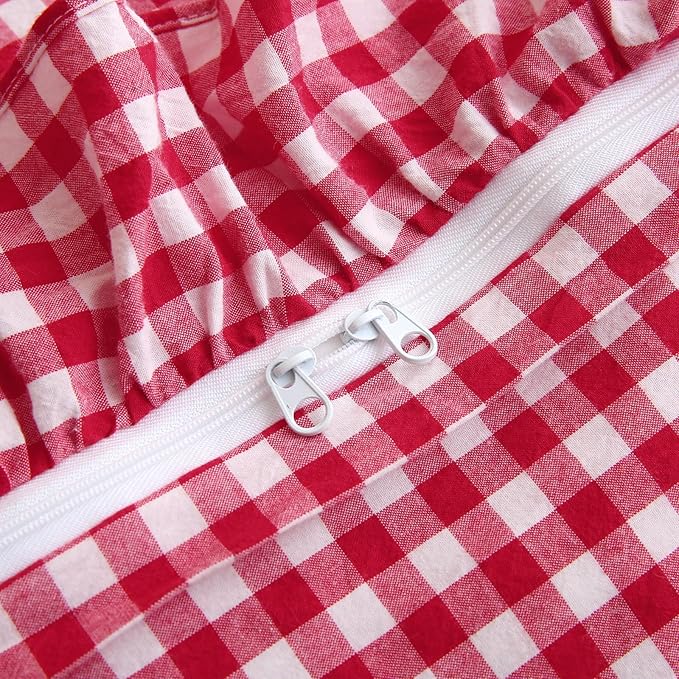 Red/White Checkered Ruffle 3-Piece Duvet Cover Set King Size,Washed Cotton Shabby Gingham Plaid Bedding Set Farmhouse Comforter Set(King,Red)
