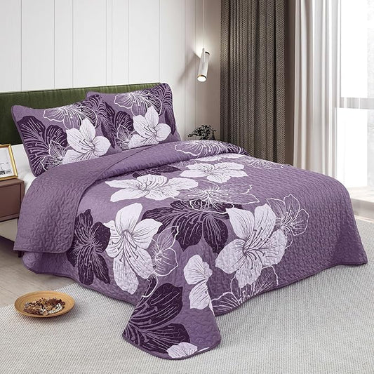DJY 3 Pieces Quilt Set King Dark Purple Floral Pattern Quilt Coverlet Set Elegant Boho Bedspread with 2 Pillow Cases Soft Microfiber Botanical Bedding Quilt Set for Teens Adults 104"x 90"