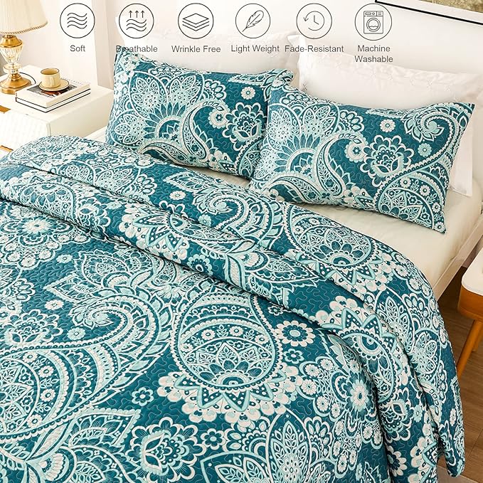 Whale Flotilla Reversible Printed Quilts Queen Size, Extra Soft Boho Paisley Floral Bedspreads for Bed Lightweight Full Queen Quilt Bedding Set Coverlets with 2 Pillow Shams for All Seasons, Turquoise