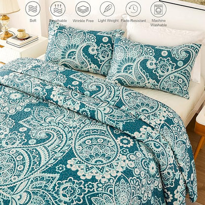 Whale Flotilla Reversible Printed Quilts Queen Size, Extra Soft Boho Paisley Floral Bedspreads for Bed Lightweight Full Queen Quilt Bedding Set Coverlets with 2 Pillow Shams for All Seasons, Turquoise