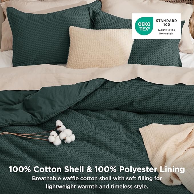 Bedsure Waffle Comforter Set King, Forest Green Soft Bedding, Waffle Weave Bed Set, 3 Pieces, 1 Comforter (104"x90") and 2 Pillow Shams, Cotton Shell and Polyester Lining for All Seasons