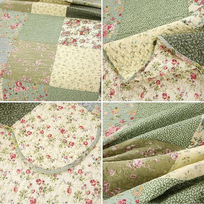 vctops Boho Patchwork Cotton Quilted Bedspread Quilt Set Twin Size 2 Pieces Soft Reversible Lightweight Coverlet Set Floral Print 1 Quilt and 1 Pillow Sham (Green D,Twin)
