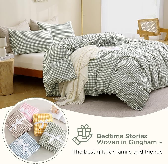TOCOMOA Green Gingham Duvet Cover Bedding Set 100% Washed Cotton Like Linen Feel Super Soft Comfortable 3 Piece Vintage Plaid Checkered Comforter Cover Set (Queen 90"x90", Comforter Not Included)