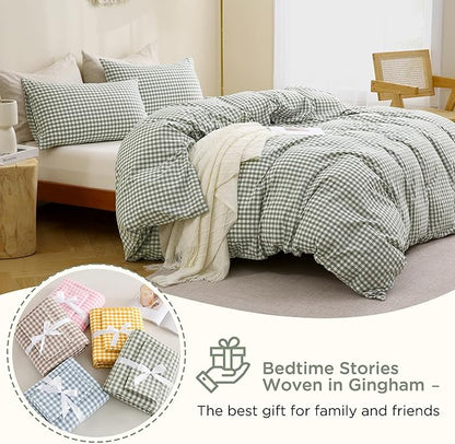 TOCOMOA Green Gingham Duvet Cover Bedding Set 100% Washed Cotton Like Linen Feel Super Soft Comfy 3 Piece Vintage Plaid Checkered Comforter Cover Set (Oversized King 120"x98", Comforter Not Included)