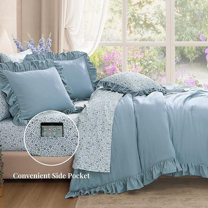 Oversized King Comforter Set - 7 Pieces Ruffle Blue Bedding Sets, Shabby Chic Farmhouse Bed in a Bag with Ruffle Comforter, Floral Sheets, Pillowcases & Shams