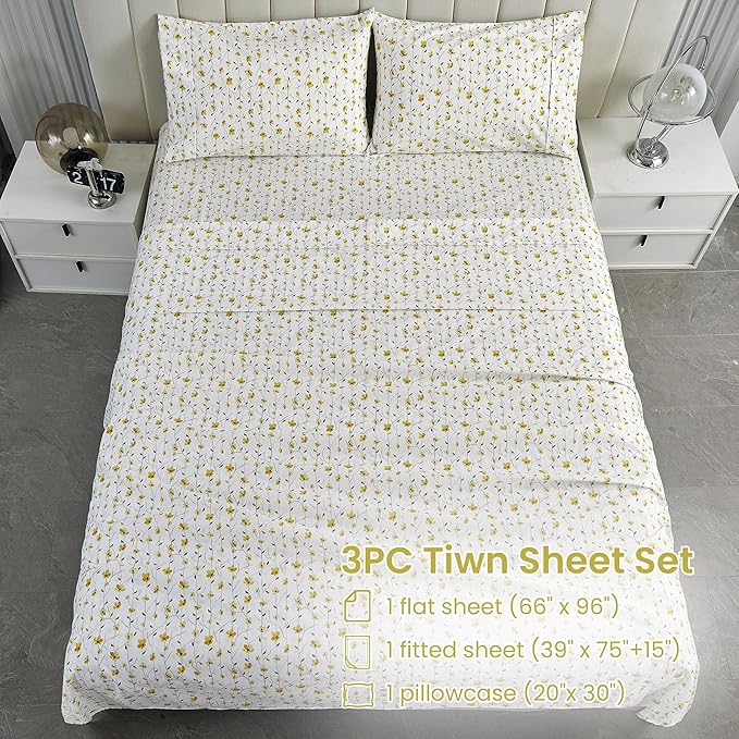 Softan Yellow Floral Twin Size Sheet Set, 3-Piece Microfiber Fitted Bed Sheet with 15" Deep Pockets & Non-Slip Straps, Kids Girls Flower Patterned Bed Sheet & Pillowcase Set