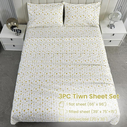 Softan Yellow Floral Twin Size Sheet Set, 3-Piece Microfiber Fitted Bed Sheet with 15" Deep Pockets & Non-Slip Straps, Kids Girls Flower Patterned Bed Sheet & Pillowcase Set
