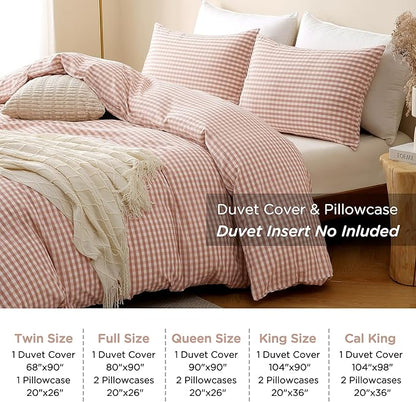 TOCOMOA Pink Tan Gingham Duvet Cover Bedding Set 100% Washed Cotton Like Linen Feel Super Soft Comfy 2 Piece Vintage Plaid Checkered Fall Comforter Cover Set (Twin 68"x90", Comforter Not Included)
