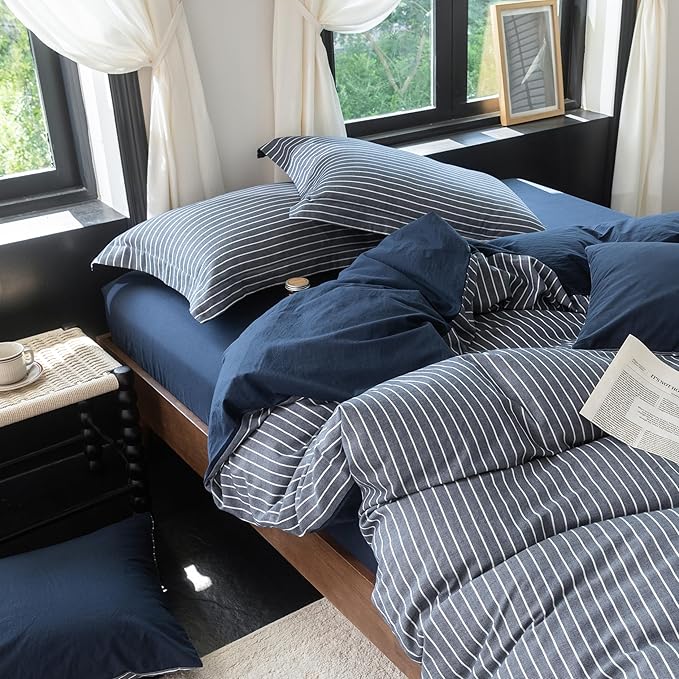 Reversible Duvet Cover Set 100% Washed Cotton Blue Stripe Linen Feel Duvet Cover Full Size with Zipper Closure & 2 Pillow Shams,Navy/White Stripe Reverse Solid Navy