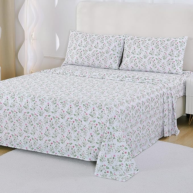 Softan Vintage King Bed Sheets, Cozy Microfiber Flower Printed Sheets with 15" Deep Pocket Fitted Sheet & Non-Slip Straps, Patterned Botanical Wildflower Sheets & Pillowcase Set