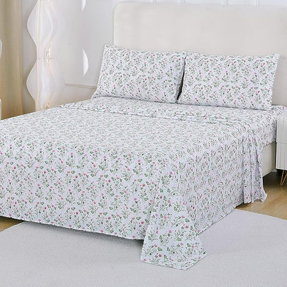 Softan Vintage King Bed Sheets, Cozy Microfiber Flower Printed Sheets with 15" Deep Pocket Fitted Sheet & Non-Slip Straps, Patterned Botanical Wildflower Sheets & Pillowcase Set