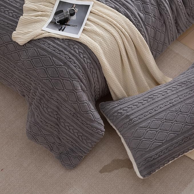 COTTEBED Sherpa Fluffy Comforter Sets King Size, Boho Tufted Bedding Down Blanket Comforter, Super Soft Polycotton Shabby Plush Fleece Sherpa Warm Medium Weight All Season Winter, Gray King/Cal King