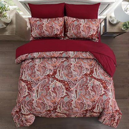 DJY Red Paisley Comforter Set Full Size 7 Piece Bed in a Bag Boho Paisley Pattern Comforter Set Soft Lightweight Microfiber Reversible Bedding Set for All Season (Full)