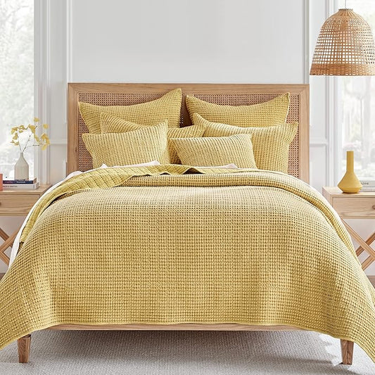 Levtex Home Mills Waffle Full/Queen Quilt Set (88x92in) with 2 Pillow Shams (26x20in) - Ochre - Cotton Waffle Full/Queen Size Quilt Bedding Set - Lightweight, Soft, Pre-Washed
