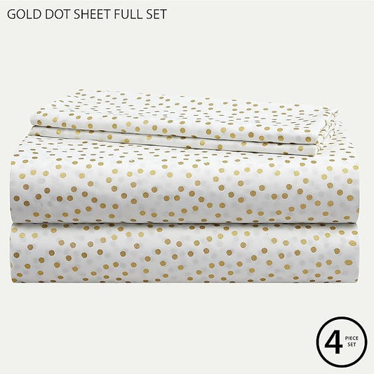 Heritage Kids Full Sheet Set (4-Piece),Gold Dot Pattern, Soft & Durable Bedding for Kids, Cozy Microfiber Sheets with Fitted, Flat Sheet & 2 Pillowcases