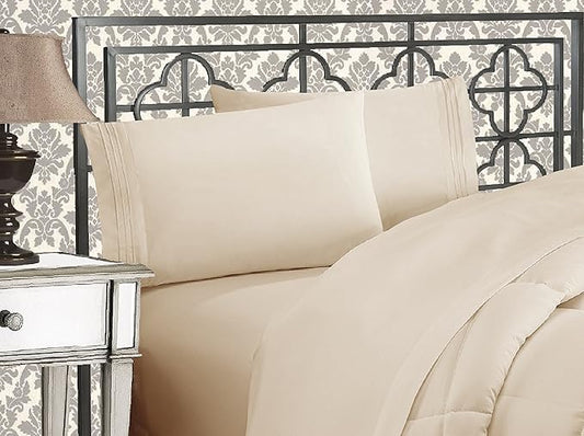 Elegant Comfort Luxurious 1500 Premium Hotel Quality Microfiber Three Line Embroidered Softest 4-Piece Bed Sheet Set, Wrinkle and Fade Resistant, California King, Cream