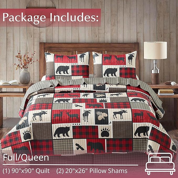 Virah Bella 3 Piece Full/Queen Cabin Quilt Bedding Set - Lodge Life - Rustic Country Reversible Patchwork Comforter Set with Decorative Pillow Shams