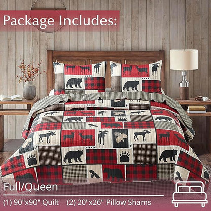 Virah Bella 3 Piece Full/Queen Cabin Quilt Bedding Set - Lodge Life - Rustic Country Reversible Patchwork Comforter Set with Decorative Pillow Shams