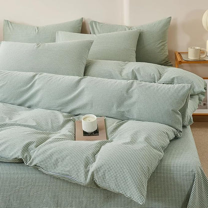 EAVD Sage Green Gingham Duvet Cover Full Soft 100% Washed Cotton Modern Green and White Plaid Duvet Cover with 2 Pillowcases Reversible Checkered Plaid Bedding Set with Zipper Closure