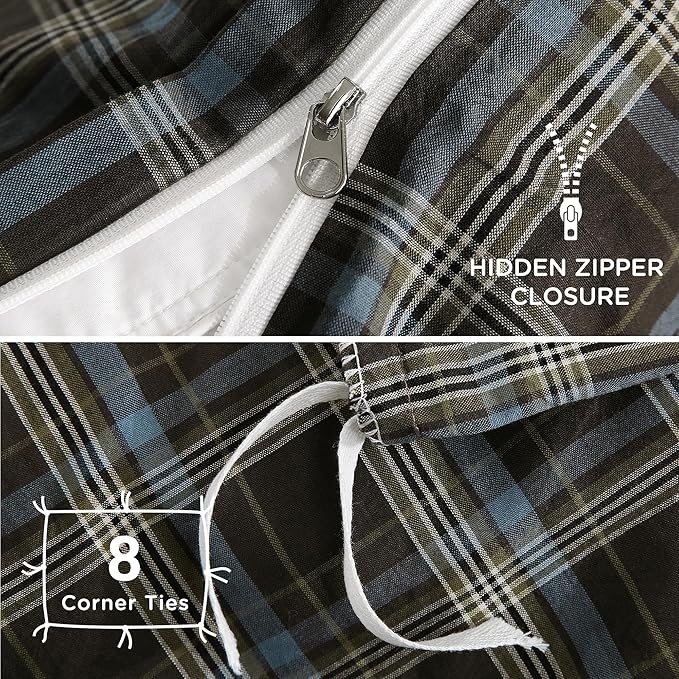 TOCOMOA Buffalo Plaid Duvet Cover Set 100% Washed Cotton Like Linen Feel Super Soft Comfy 3 Piece Brown Blue Gingham Checkered Bedding Comforter Cover Set (Queen 90"x90", Comforter Not Included)