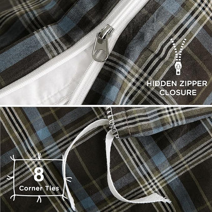TOCOMOA Buffalo Plaid Duvet Cover Set 100% Washed Cotton Like Linen Feel Super Soft Comfy 3 Piece Brown Blue Gingham Checkered Bedding Comforter Cover Set (Queen 90"x90", Comforter Not Included)