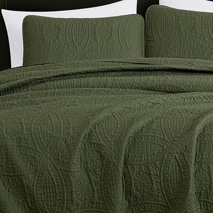 Chezmoi Collection Austin 3-Piece Oversized Bedspread Coverlet Set (Queen, Cypress Green) | Oversized, Lightweight, Fade Resistant