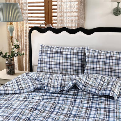 SDIII 3PCS Blue Gingham Comforter Set Twin 100% Washed Microfiber Lightweight Blue Gingham Bedding Set Twin Farmhouse Shabby Chic Checkered All Season