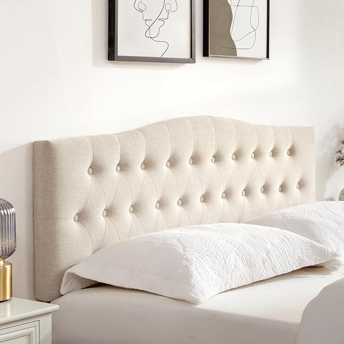Tufted Headboard King Size, Solid Wood Adjustable Height Head Board, Beige | Upholstered King Headboard Only with Durable Solid Wood Legs, Adjustable Height 37-51 in, Fabric Button Diamond HeadBoards