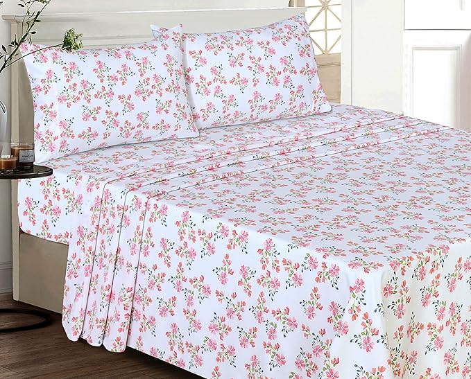 RUVANTI 100% Cotton Sheets – King Size Percale Bedding, Cooling & Breathable Floral Design, Durable with a Crisp, Soft & Comfortable Feel, 16" Deep Pocket, 4-Piece Set, Bloomex