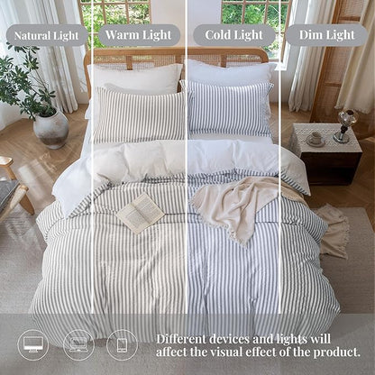 MILDLY Grey Striped Duvet Cover - 100% Washed Cotton Jacquard Textured Comforter Cover with Dual Zipper Closure & 8 Coner Ties