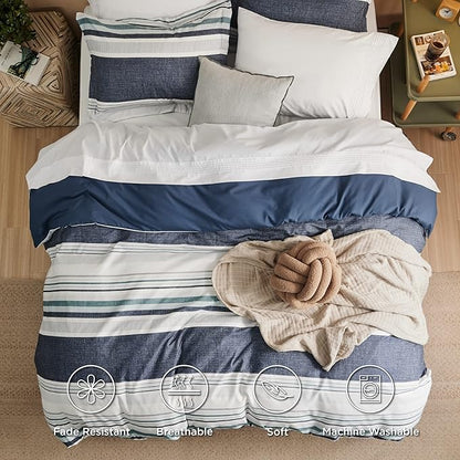 Bedsure Duvet Cover Queen Size - Reversible Striped Duvet Cover Set with Zipper Closure, 3 Pieces Blue Bedding Set with 8 Corner Ties and 2 Pillow Shams 20"x26"