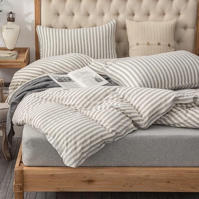 PURE ERA Jersey Knit Duvet Cover Set 100% T-Shirt Heather Cotton Super Soft Comfy Classic Striped with Zipper Closure, Grey & White Stripe, California King