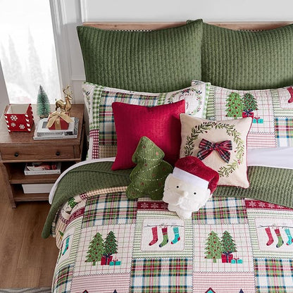 Levtex Home - Home for Christmas Sage Quilt Set - Twin Quilt (68x86in.) + One Sham (20x26in.) - Patchwork Holiday - Red Green White - Reversible - Cotton