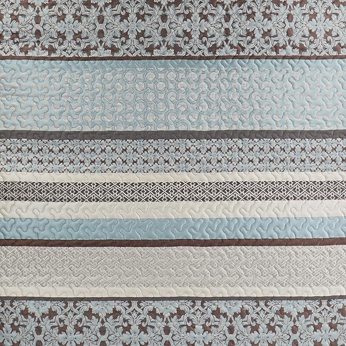 Madison Park Princeton Reversible Quilted Bedspread Set, Solid Reverse Summer Breathable, Lightweight All Season Bedding Layer, Matching Shams, Bedspread Queen(102"x118"), Blue 5 Piece