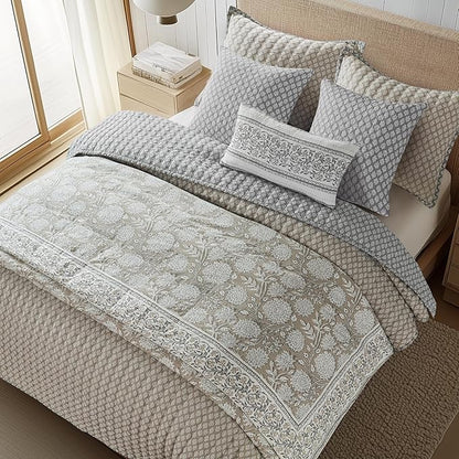 Levtex Home Adare Taupe Reversible Queen Duvet Cover Set (90x94in) with 2 Pillowcases (26x20in) - Floral Bedding - Taupe and White - 100% Cotton Queen Size Duvet Cover Set - Soft, Pre-Washed