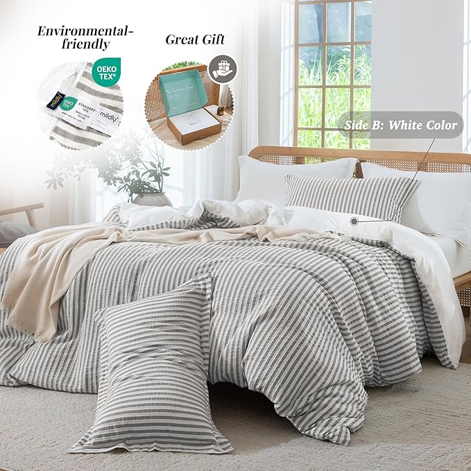 MILDLY Jacquard Stripe Duvet Cover - 100% Washed Cotton Boho Textured Comforter Cover Set 2pcs with Zipper Closure 68"x90"