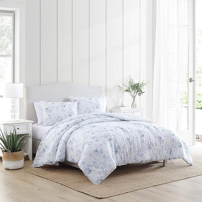 Laura Ashley - King Comforter Set, Reversible Cotton Bedding with Matching Shams, Medium Weight for Year Round Use, Oeko-Tex Certified (Belinda Blue)