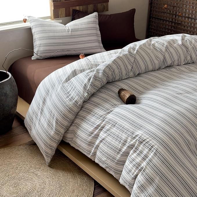 VM VOUGEMARKET Striped Duvet Cover Set, 100% Washed Cotton Textured Minimalist Bedding Set, Ticking Pinstripe Farmhouse, 3 Pieces, White Black Stripes, Queen Size