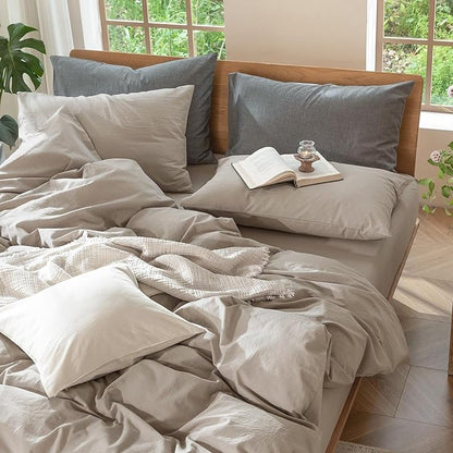 MooMee Bedding Pillowcases Pack of 2 100% Washed Cotton Linen Like Textured Breathable Durable Soft Comfy (Solid Light Tan, Standard)