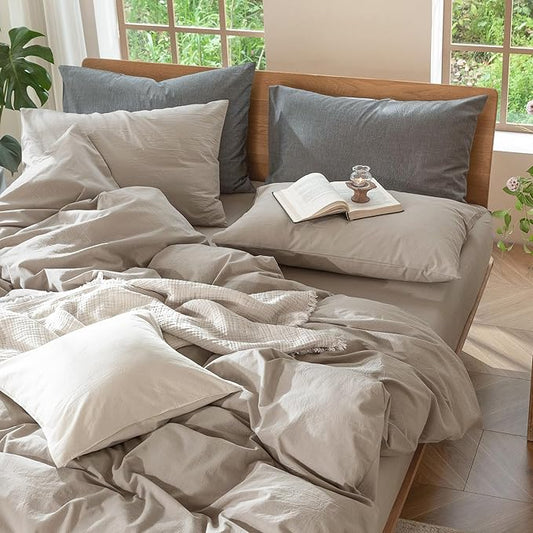 MooMee Bedding Pillowcases Pack of 2 100% Washed Cotton Linen Like Textured Breathable Durable Soft Comfy (Solid Light Tan, Standard)