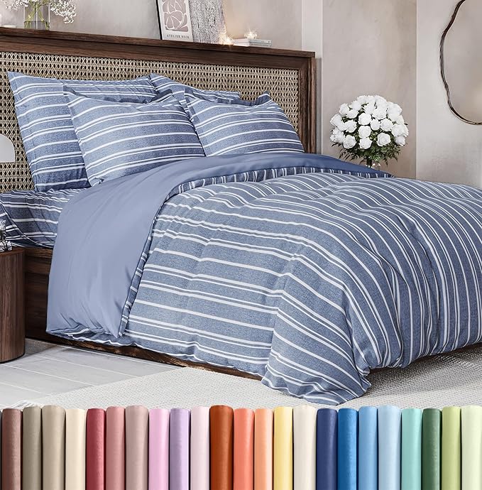 Duvet Cover King Size Set - Extra Soft King Duvet Cover 104" x 90" with 2 Pillow Shams - Hotel Luxury, Easy Care & Fade Free with Zipper Closures & Ties - All Season, Comfy & Breathable (Blue Stripes)