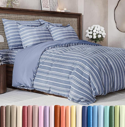 Duvet Cover King Size Set - Extra Soft King Duvet Cover 104" x 90" with 2 Pillow Shams - Hotel Luxury, Easy Care & Fade Free with Zipper Closures & Ties - All Season, Comfy & Breathable (Blue Stripes)