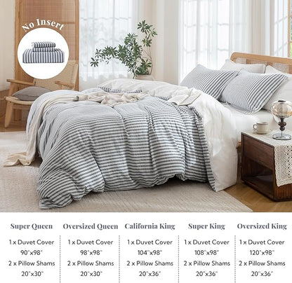 MILDLY Charcoal Striped Duvet Cover - 100% Washed Cotton Jacquard Textured Comforter Cover with Dual Zipper Closure & 8 Coner Ties