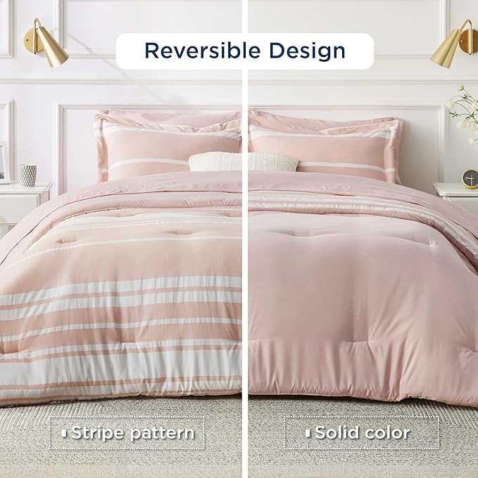 Bedsure Queen Comforter Set 7 Pieces, Light Pink Striped Bedding Set for All Seasons, Reversible, Cationic Dyeing Bed in a Bag with Comforter, Sheets, Pillowcases & Shams